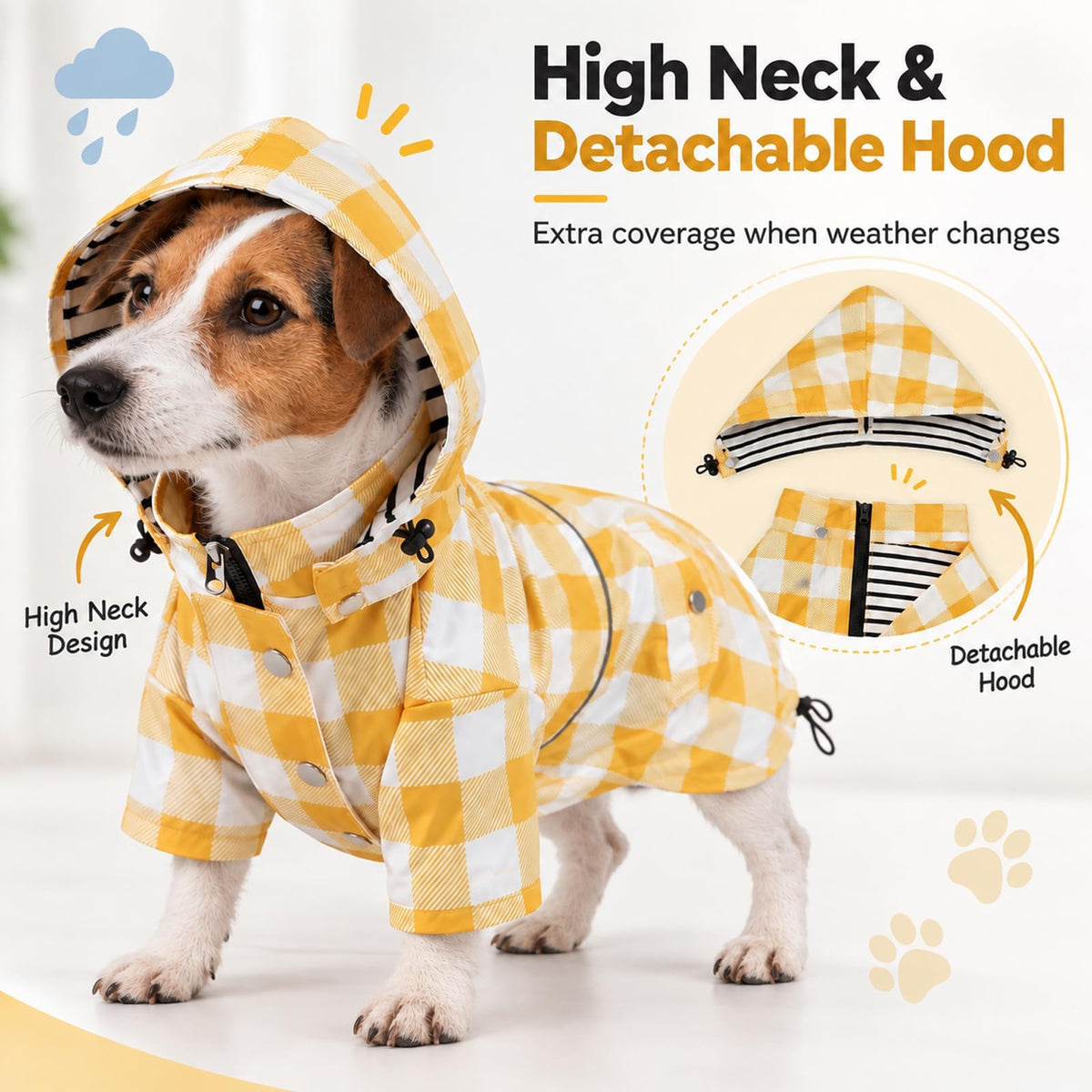 Dog Rain Coat Waterproof Raincoat Puppy Jacket with Buttons Zipper Hood Drawstring Fit for Yorkie Terrier Schnauzer Poodle Border Collie Labrador Golden Retriever 8lbs to 80lbs (Medium / White/Yellow Paid)