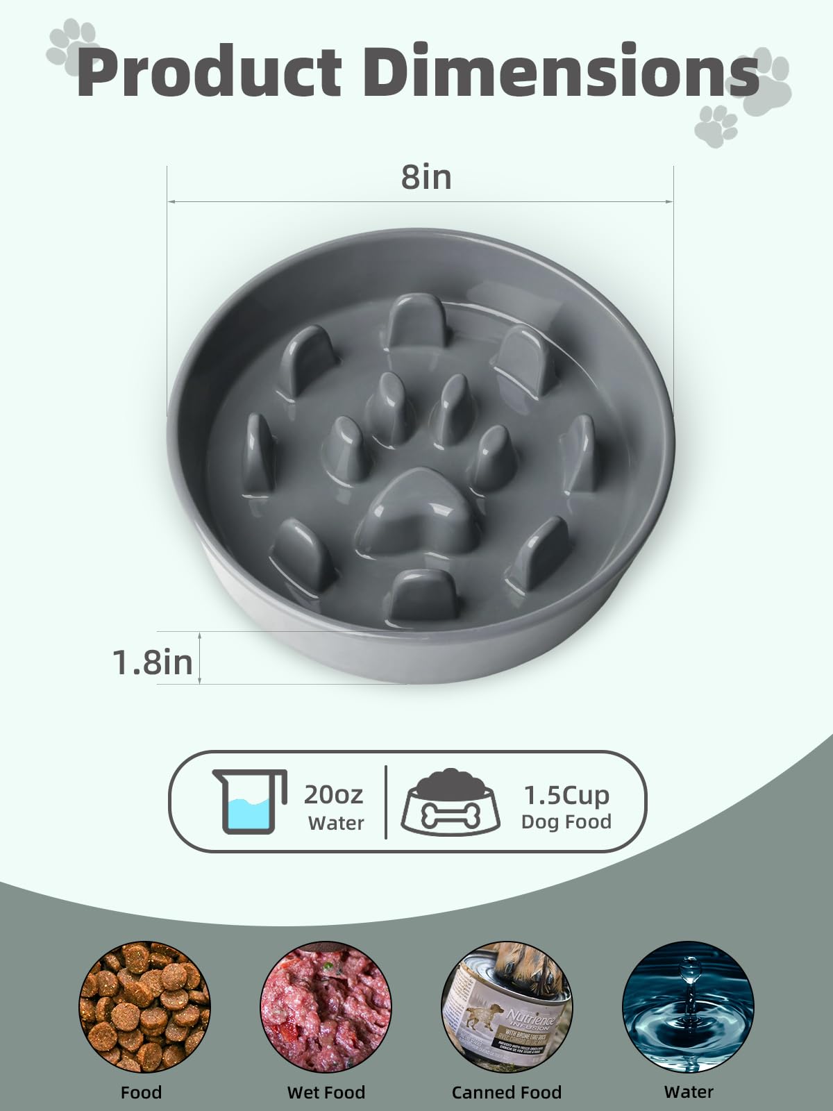 Ceramic 1.5 Cup for Small & Medium Breeds Slow Feeder Dog Bowl (Grey)