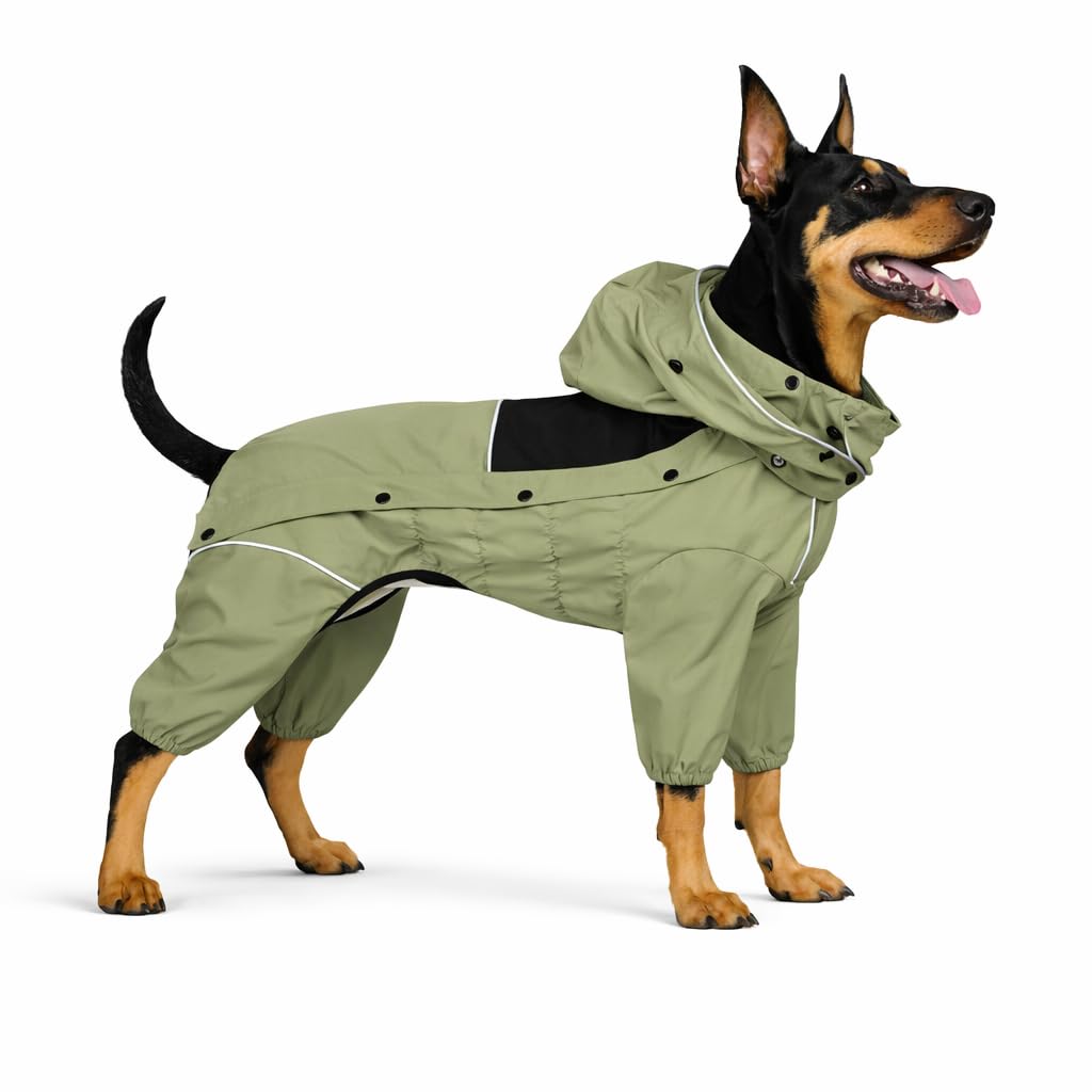 Fleece Lined Dog Raincoat with Removable Hood (Sage Green Fleeced / 3XL (Back 22"))