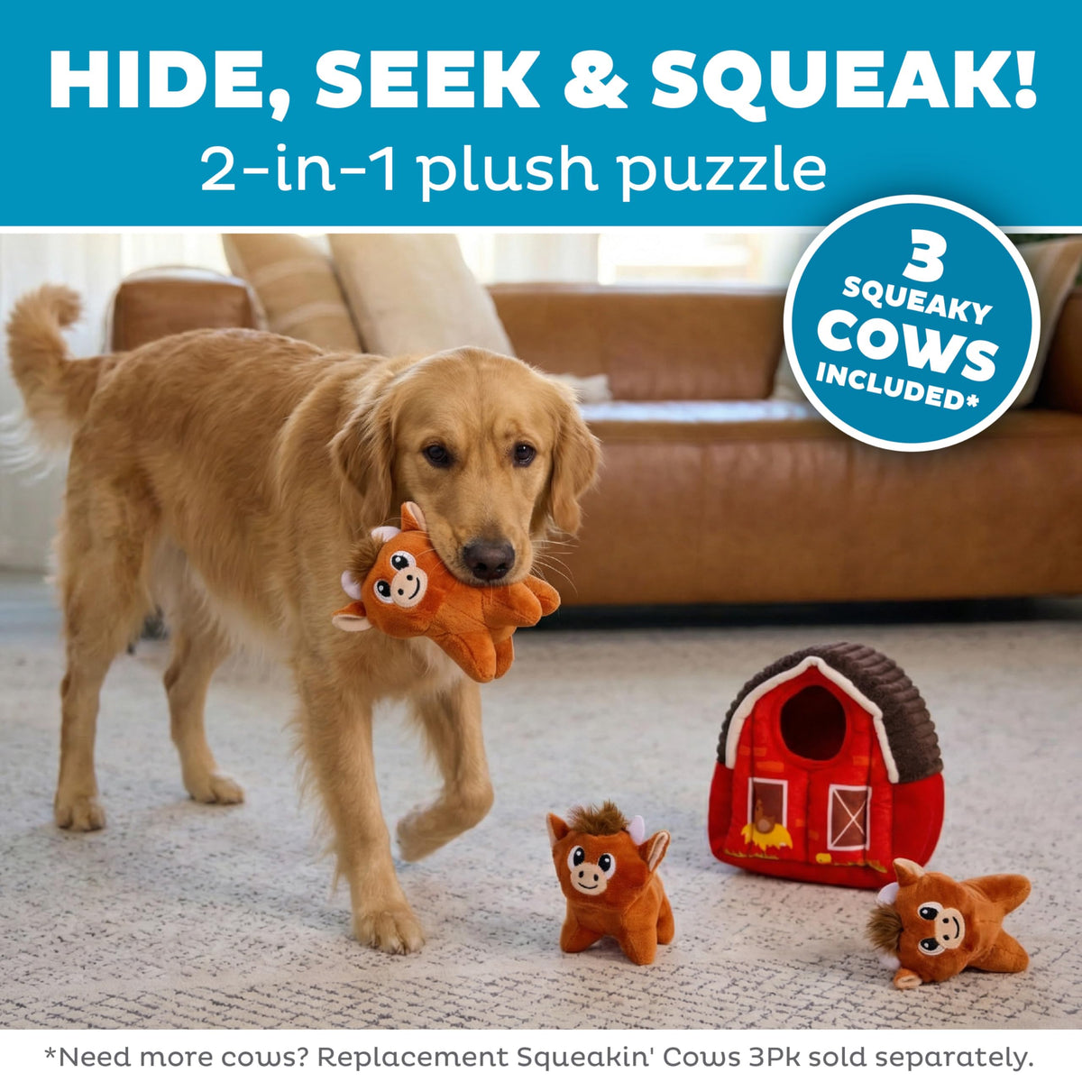 Hide-A-Cow Dog Toy, 2-in-1 Interactive Hide & Seek Plush Puzzle with Barn & 3 Squeaky Highland Cows