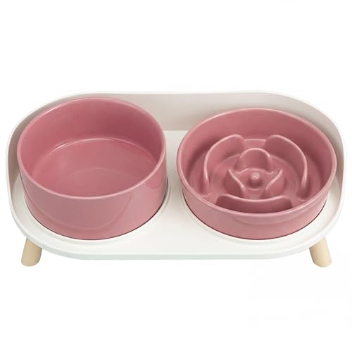 Elevated Slow Feeder Dog Bowls with Splash Proof Stand (Medium / Pink)
