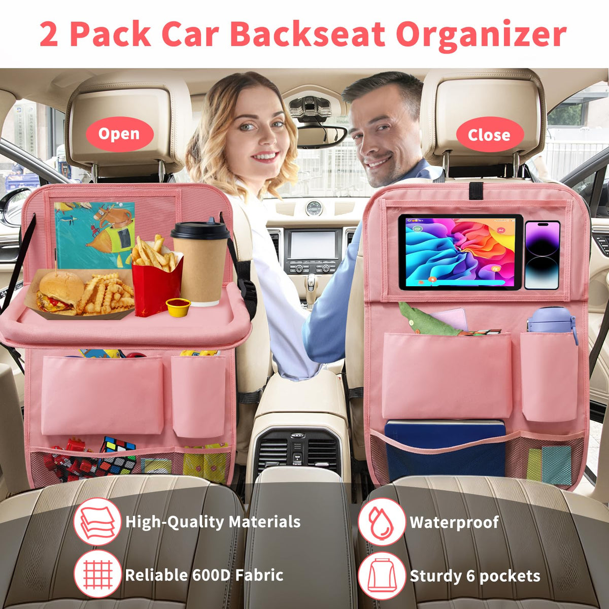 Car Backseat Organizer with Tray (2Pack / Pink)