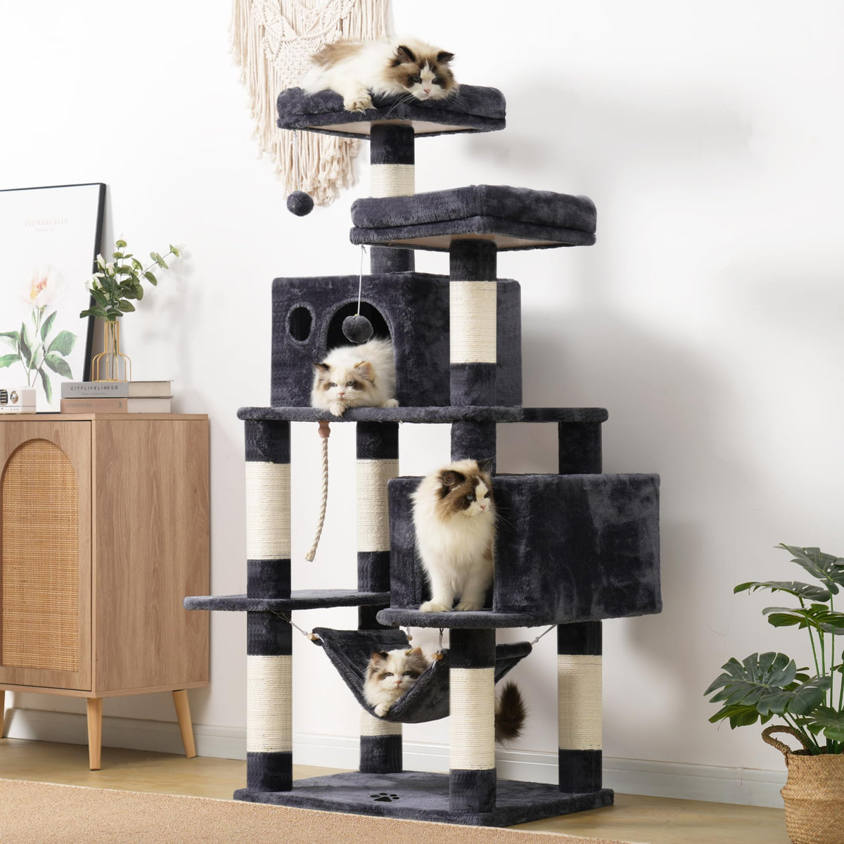 Cat Tree Tower with Sisal Scratching Posts (53.7 Inches / Smoky Gray)