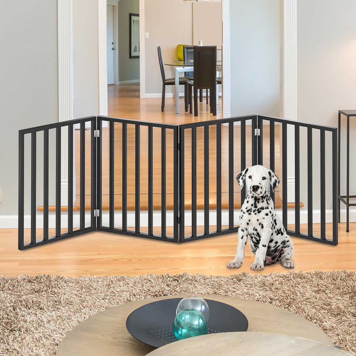 Pet Gate - 4-Panel Indoor Foldable Dog Fence for Stairs, Hallways, or Doorways - 72x24-Inch Wood Freestanding Dog Gates by PETMAKER (Black) (Black / 4 Panel)