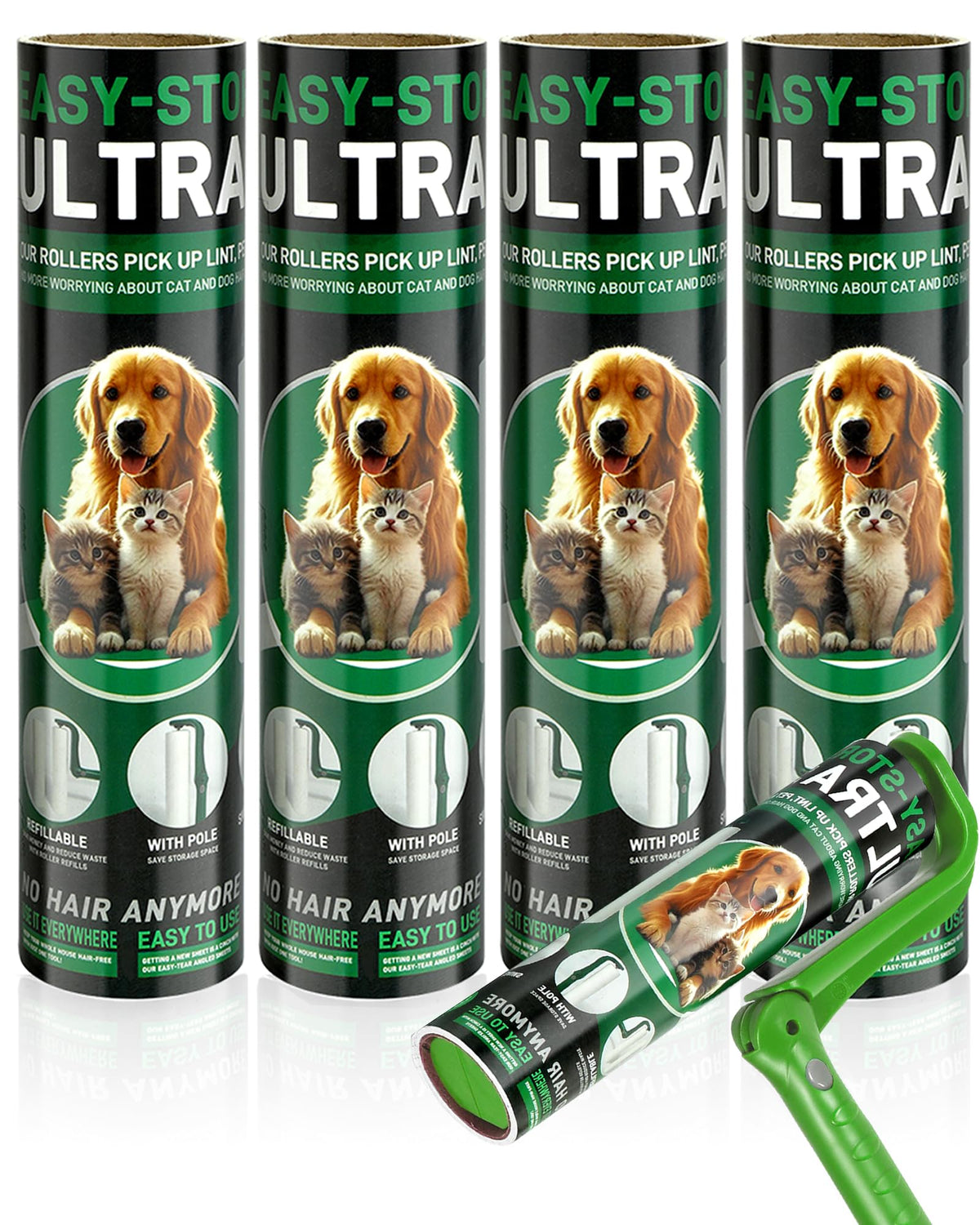 10" Large Lint Roller Refills for Pet Hair Extra Sticky (Green / 4 Pack)