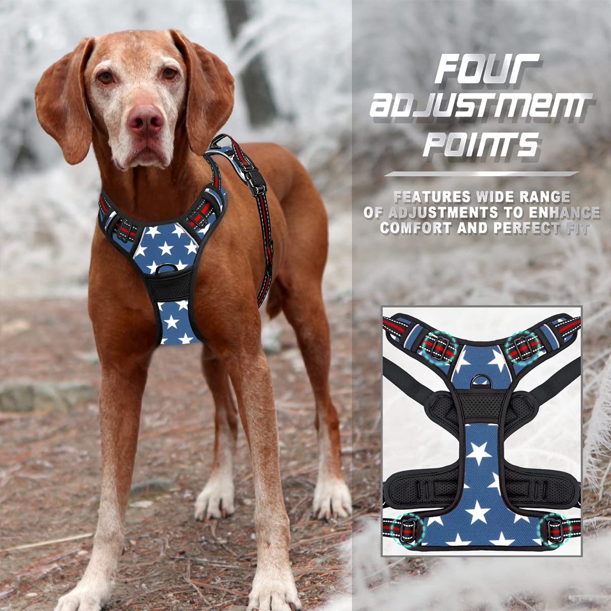 No Pull Dog Harness Front Clip Heavy Duty Reflective Easy Control Handle for Large Dog Walking (Blue Star / Medium(Chest:21.3-29"))