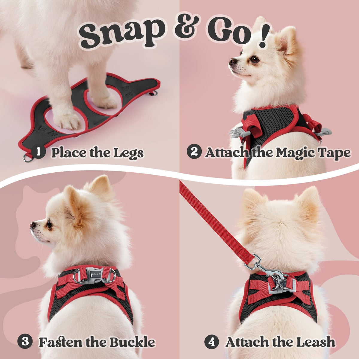 Dog Harness Small Sized and Leash Set (Black & Red / L (Chest: 18.2"-20.5"))