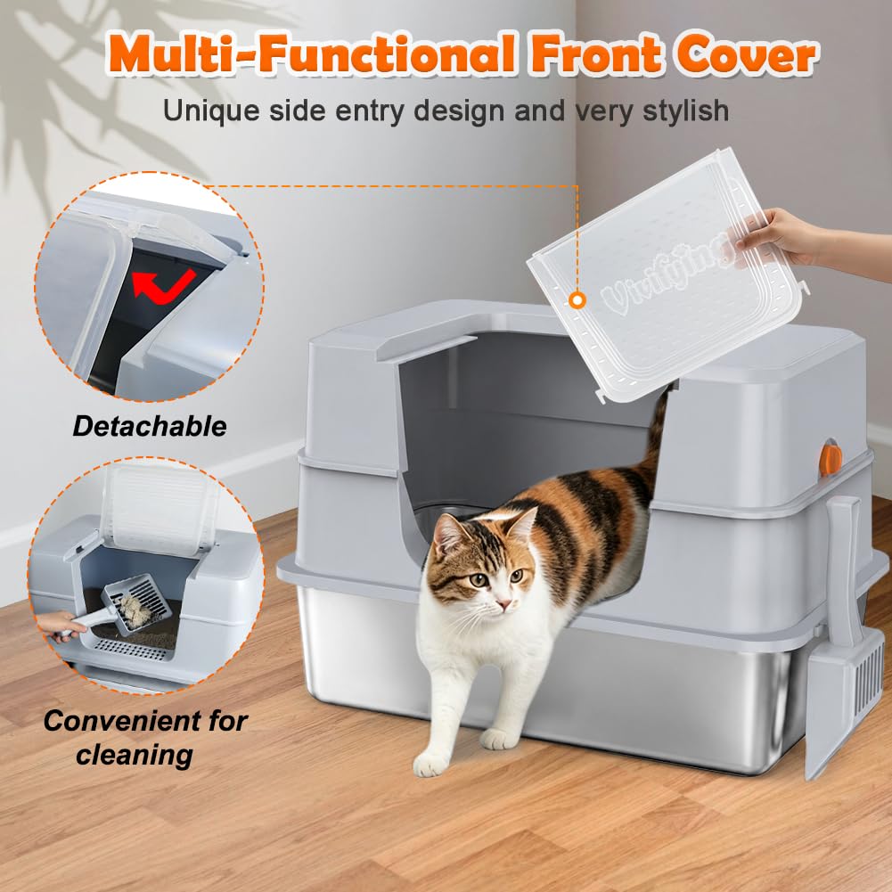 XL Enclosed Stainless Steel Cat Litter Box with Lid (Gray)