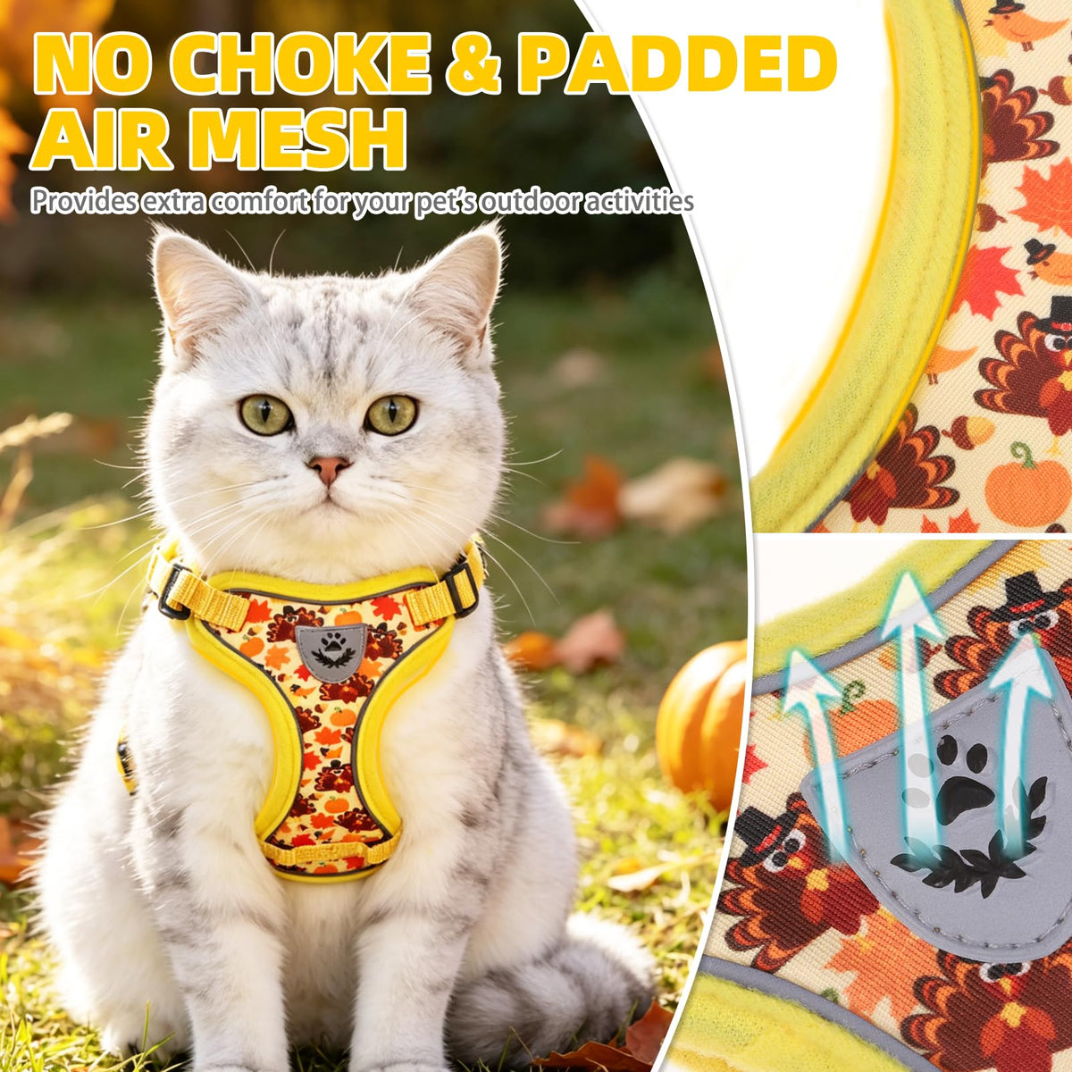 Cat Harness and Leash Set Escape Proof Reflective Cat Walking Harness Adjustable Soft Breathable Mesh Vest for Small Pets (S (NECK 9.5"-11", CHEST 13"-16") / Yellow(Thanksgiving))