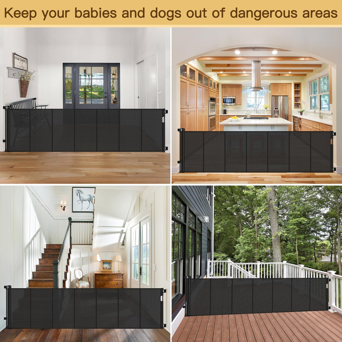 Reinforced 200 Inch Extra Wide Retractable Baby Gates to Prevent Crawling Through (Black / 37" Tall x 200" Wide（ With Reinforced Bar ）)