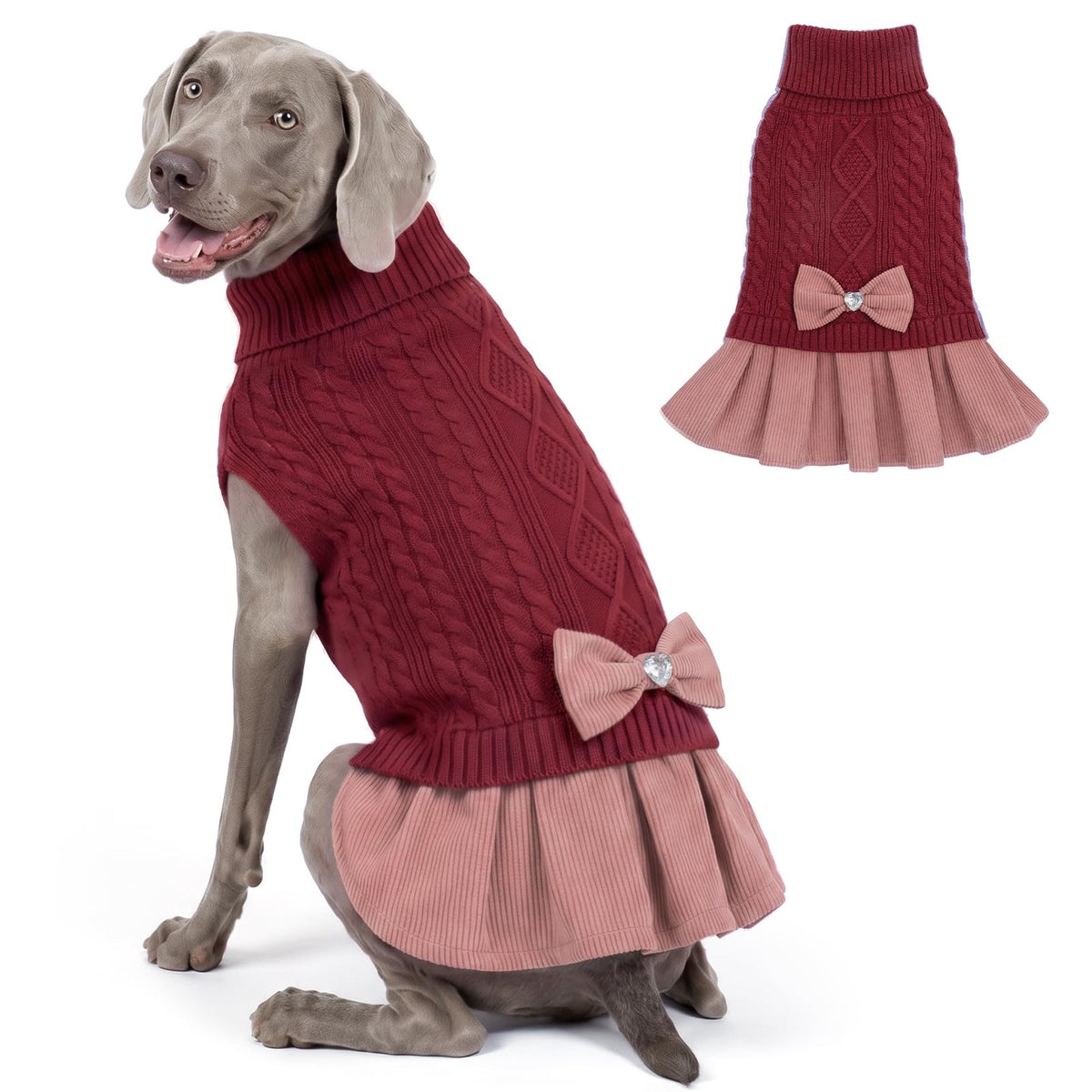 Dog Christmas Sweater Dress for Large Dogs Turtleneck Knit Pullover (3XL (70-95lbs) / Red+Pink)
