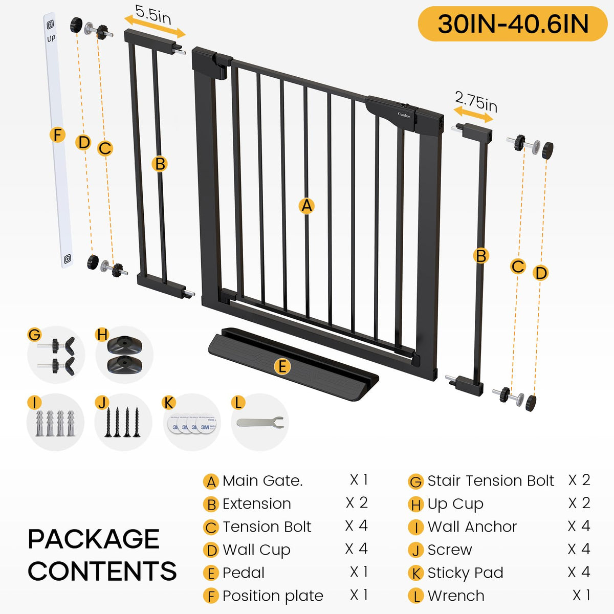 36 in Extra Tall Baby Gate for Doorways (Black / 30-40.6"W x 36"H)