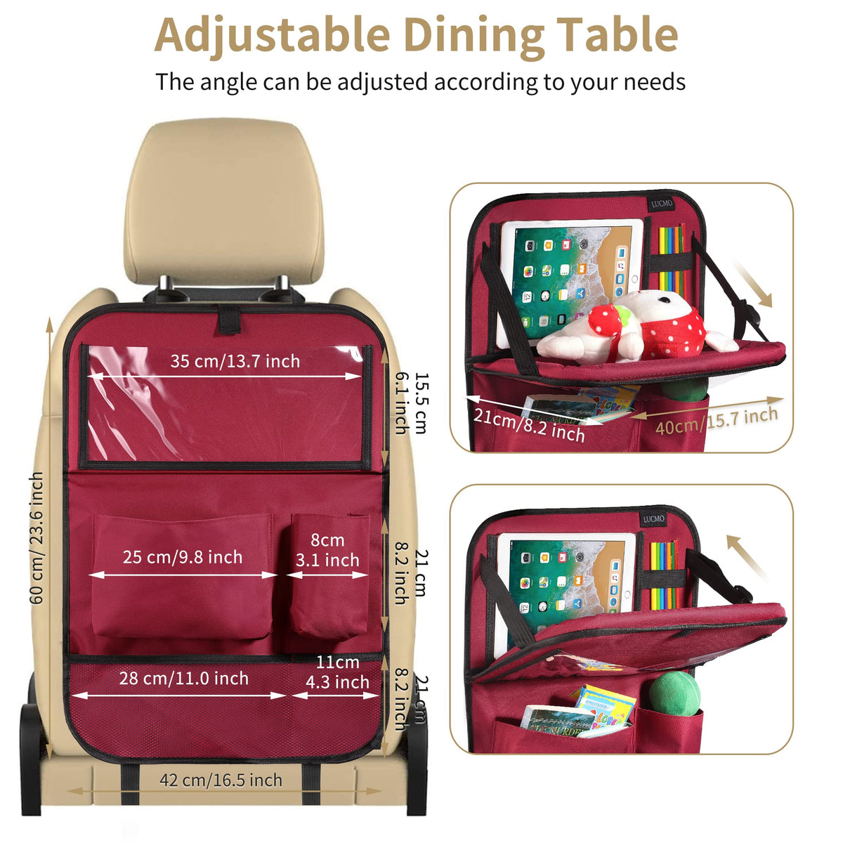 Car Backseat Organizer with Foldable Tablet Holder (Red / 1 Pack with Food Tray)