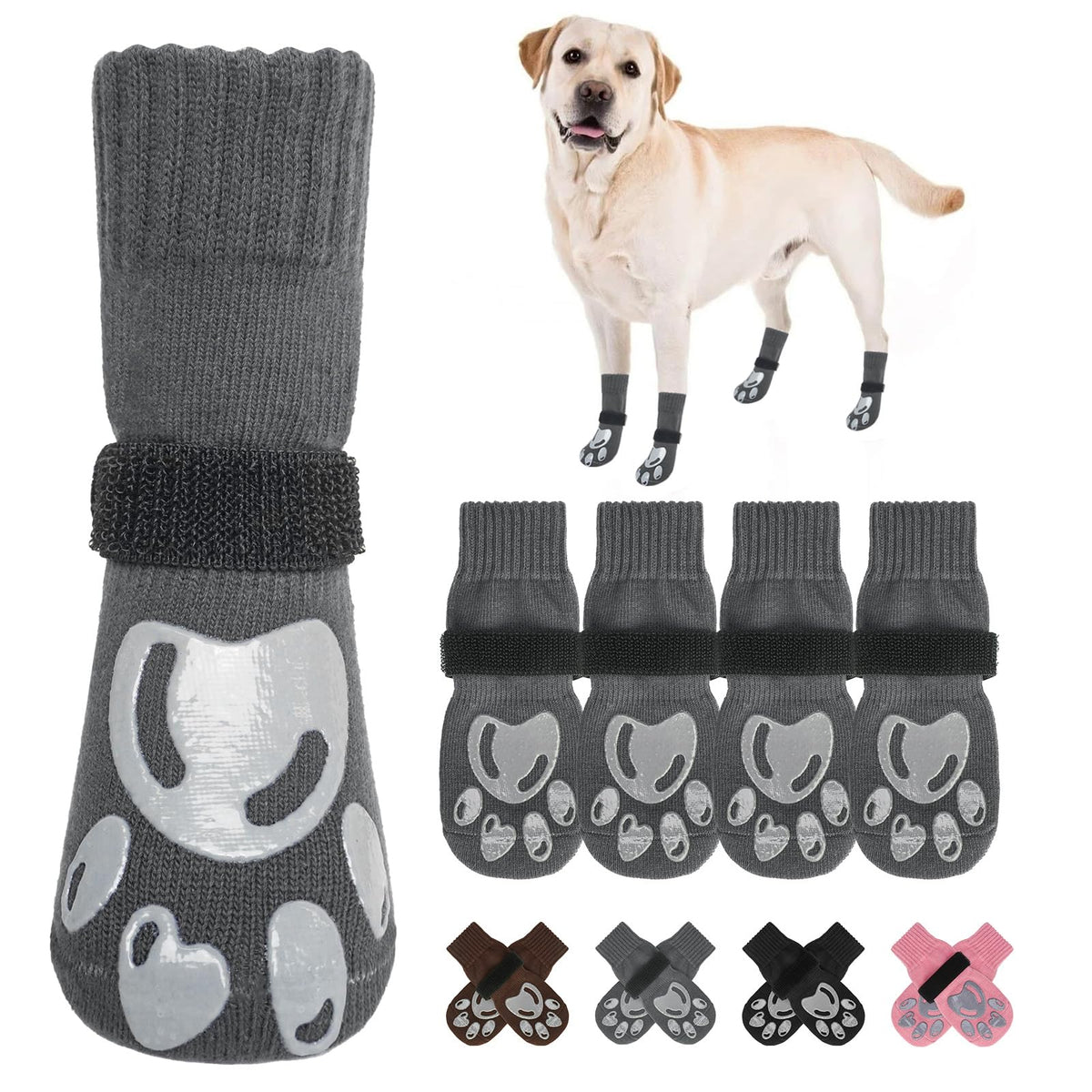 Dog Socks to Prevent Licking Paws Double Sided Grip Traction (Grey(paw) / L(2.6"-3" W | Pack of 4))