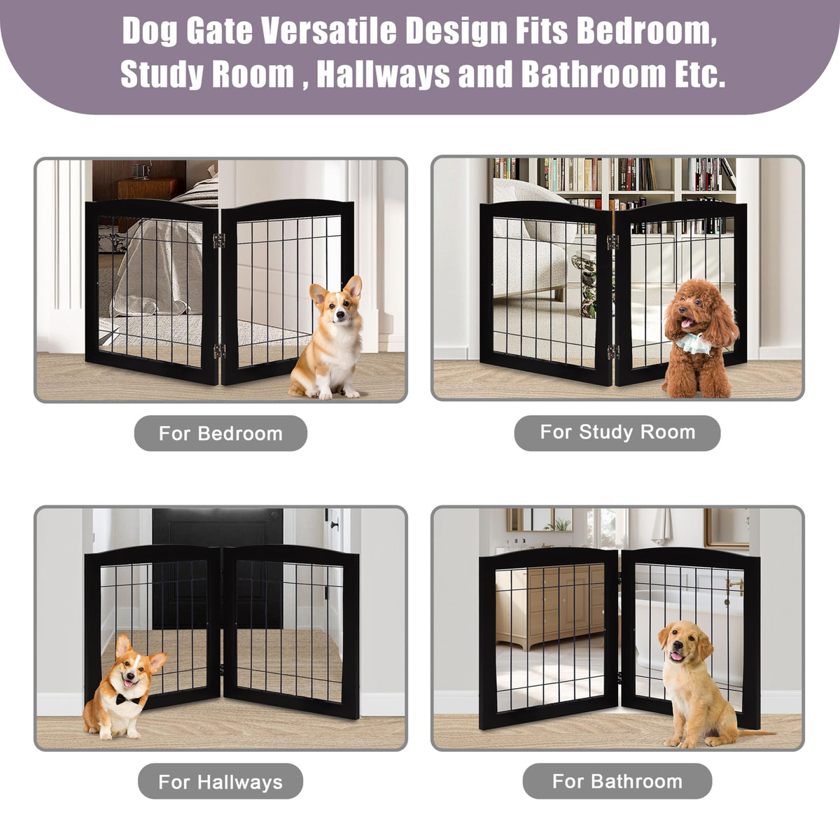 2 Panel Freestanding Foldable Wood Dog Gate (24"Height-2 Panel / Black)
