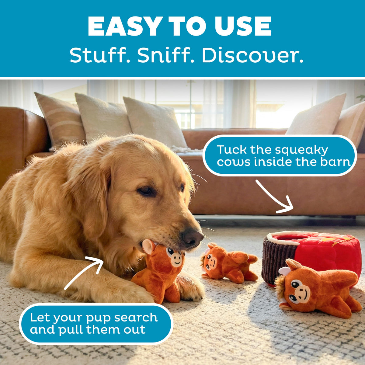 Hide-A-Cow Dog Toy, 2-in-1 Interactive Hide & Seek Plush Puzzle with Barn & 3 Squeaky Highland Cows