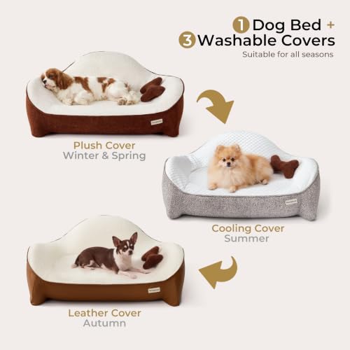 Dog Bed for Small Dogs with 3 Covers (Leather-Brick Red-Light Gray / 30"L x 22.5"W x 11.68"Th)