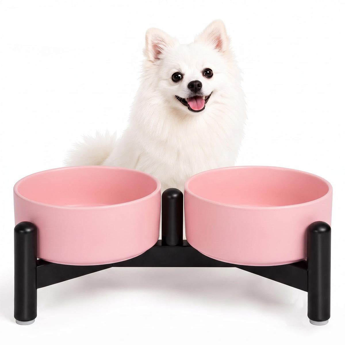 Raised Ceramic Dog Bowl Set with Stand (Pink / 2 Bowls - 1.6 Cups Each)