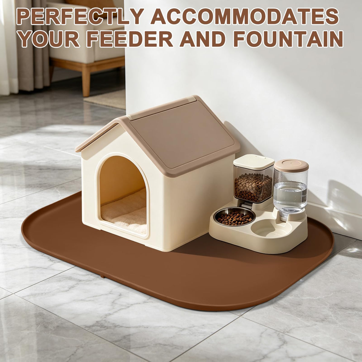 Waterproof Silicone Pet Food Mat with Raised Edge for Dog & Cat (Brown / 36"L x 24"W)