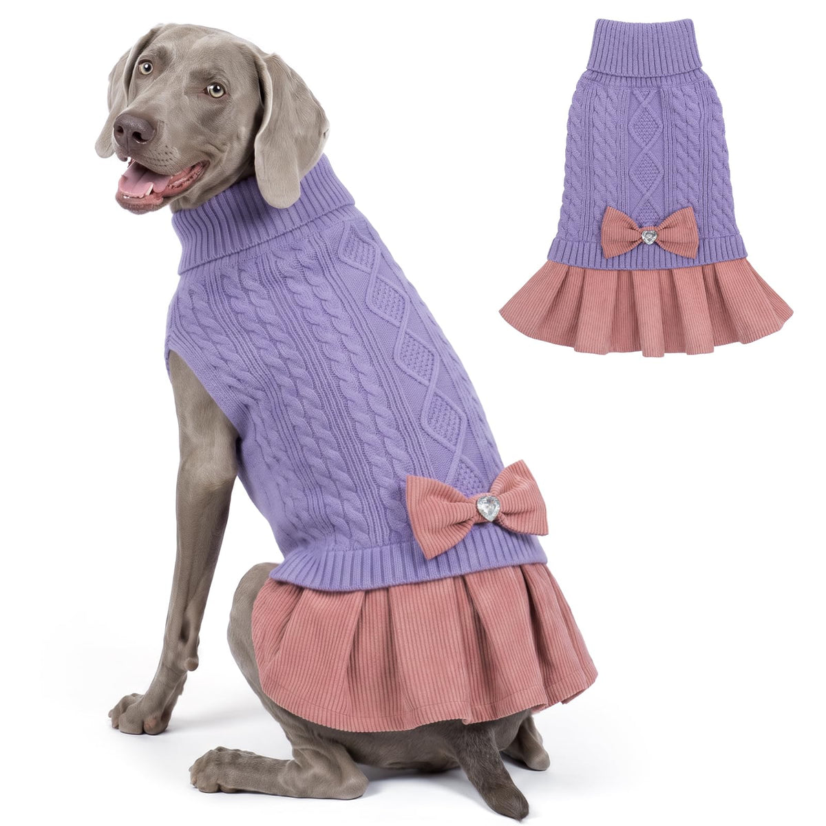 Dog Sweater Dress for Medium Large Dogs Turtleneck Thick Knit (XX-Large (40-70lbs) / Light Purple)