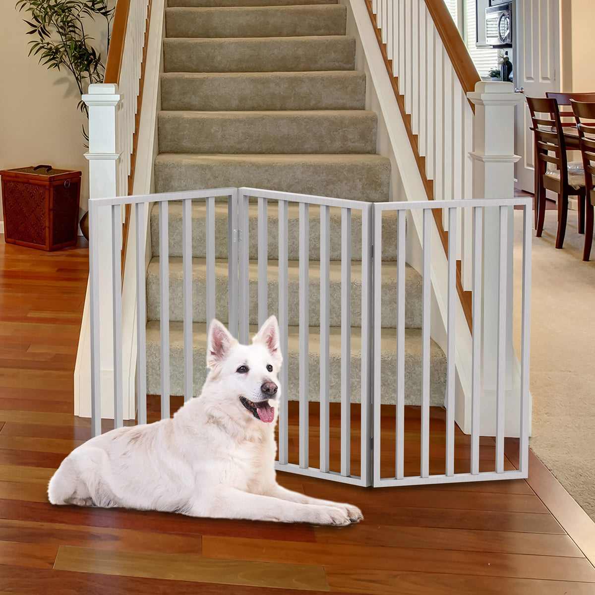 Pet Gate - 3-Panel Indoor Foldable Dog Fence for Stairs, Hallways, or Doorways - 54x32-Inch Wood Freestanding Dog Gates by PETMAKER (White) (White / 3 Panel)