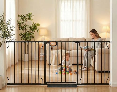 71.6 76.4 Inch Extra Wide Baby Gate with Door for Stairs Doorways (Black / 71.6-76.4inch)