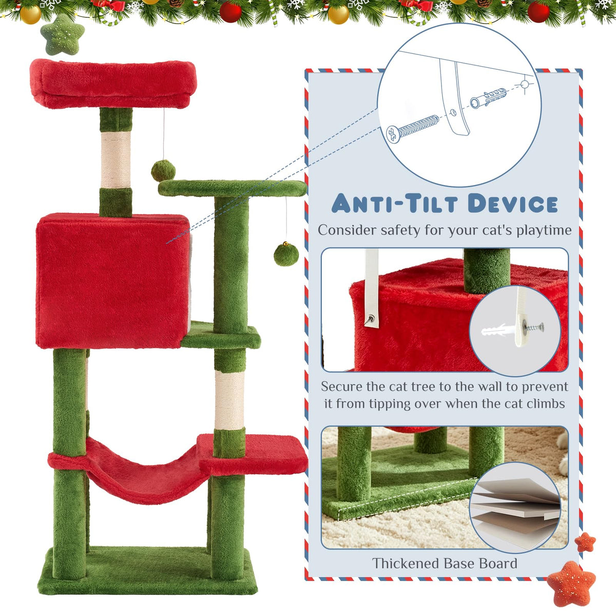 44 Inch Cat Tree Tower with Natural Sisal Scratching Posts (Red & Green / 44 Inch)