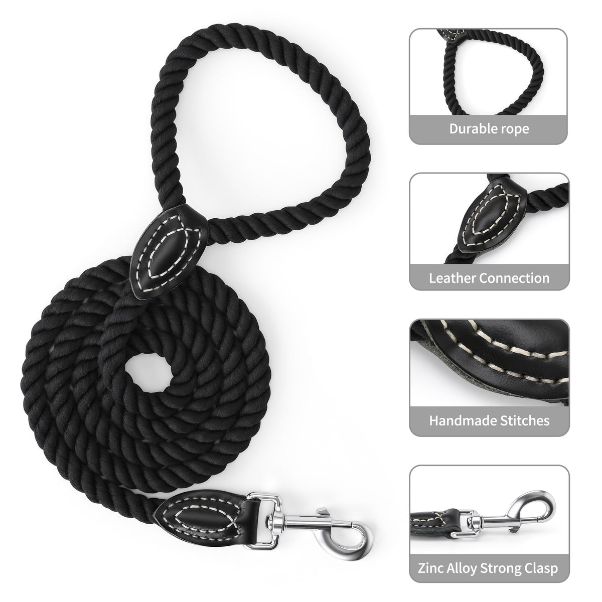 Dog Leash Braided Cotton Rope with Leather (Black / 60 Inch-1/2")