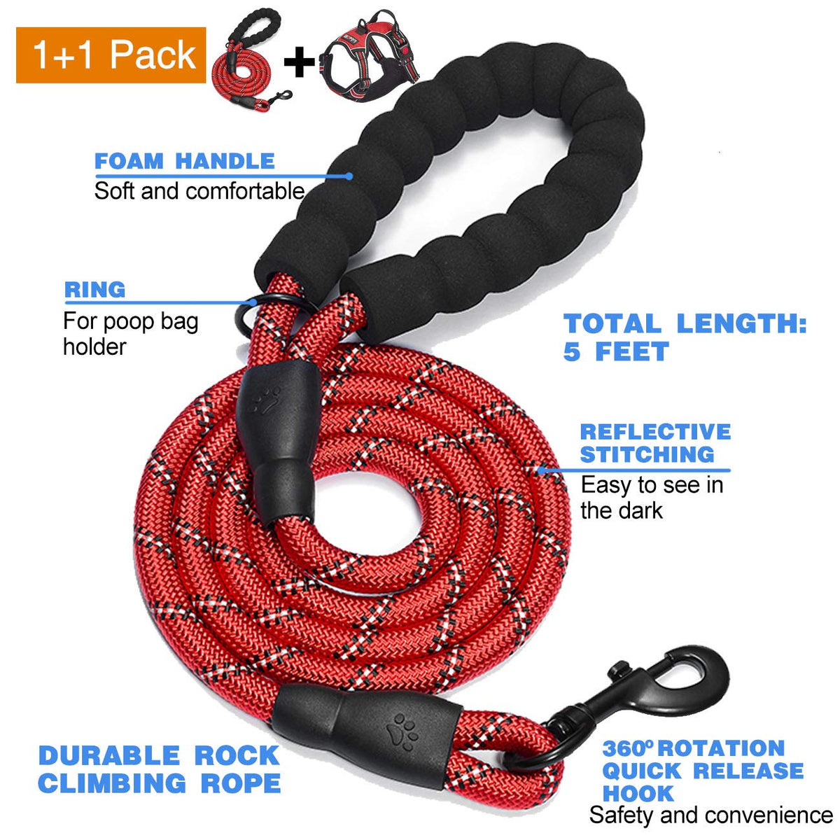 No Pull Dog Harness Adjustable Reflective Oxford Easy Control Medium Large Dog Harness with A Free Heavy Duty 5ft Dog Leash (Red / Medium)