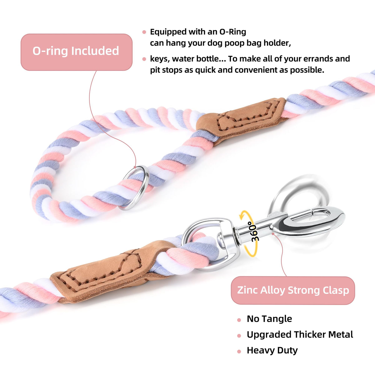 Rainbow Dog Leash Braided Cotton Rope w Leather (Pink/Purple / 72 Inch-1/2")