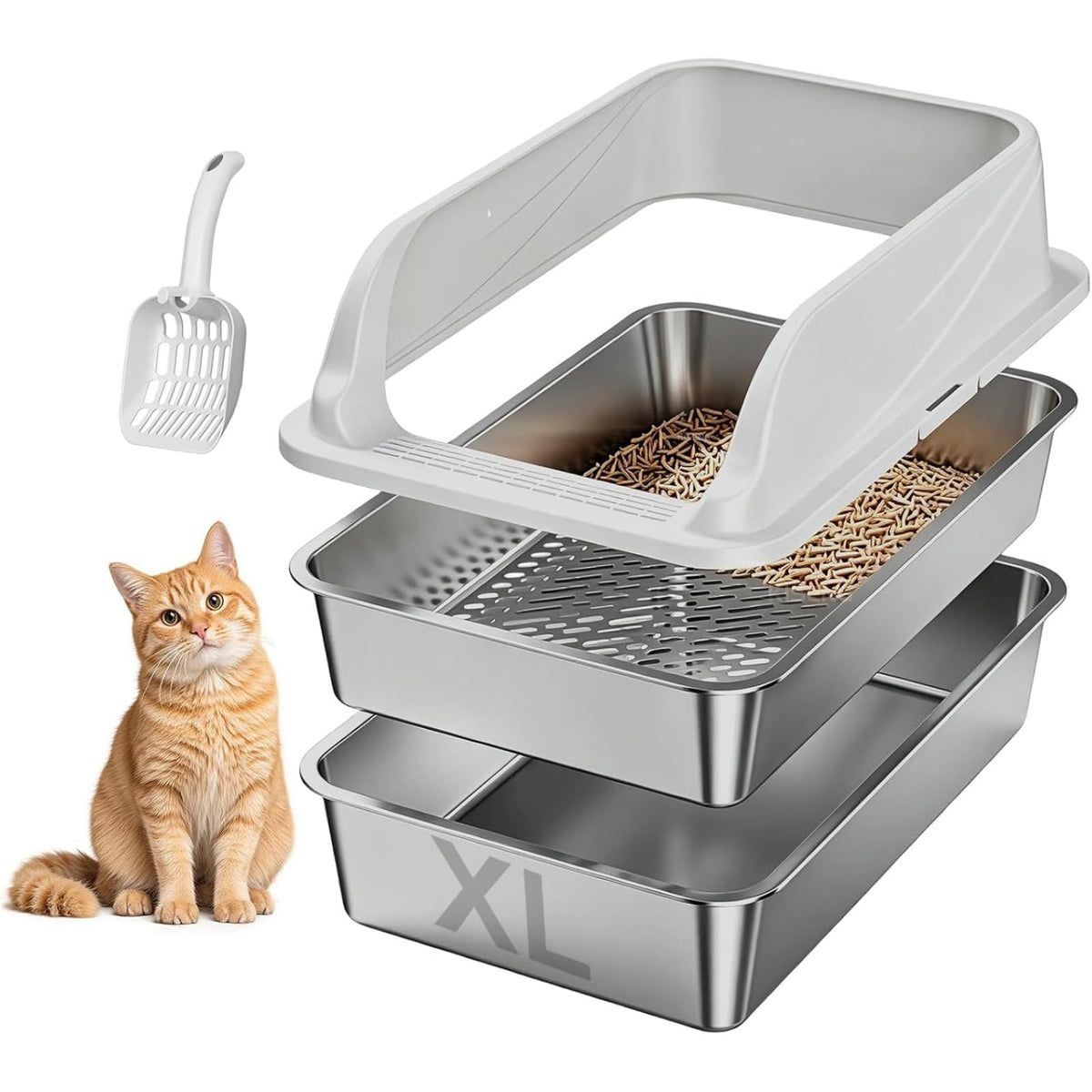Stainless Steel Sifting Litter Box for Pine Pellets (Light Grey XL)