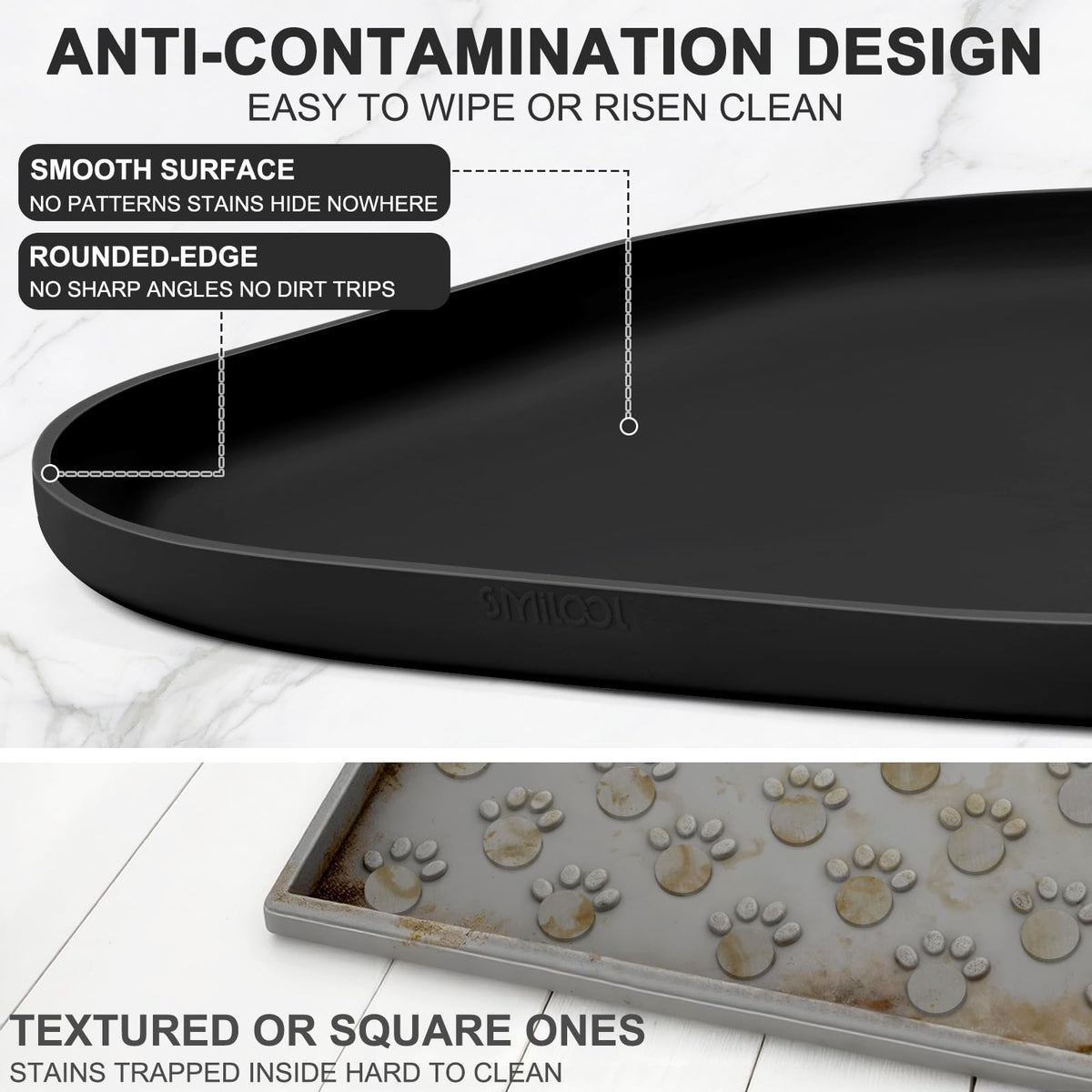 Waterproof Silicone Pet Food Mat with Raised Edge for Dog & Cat (12"L x 12"W / Black)