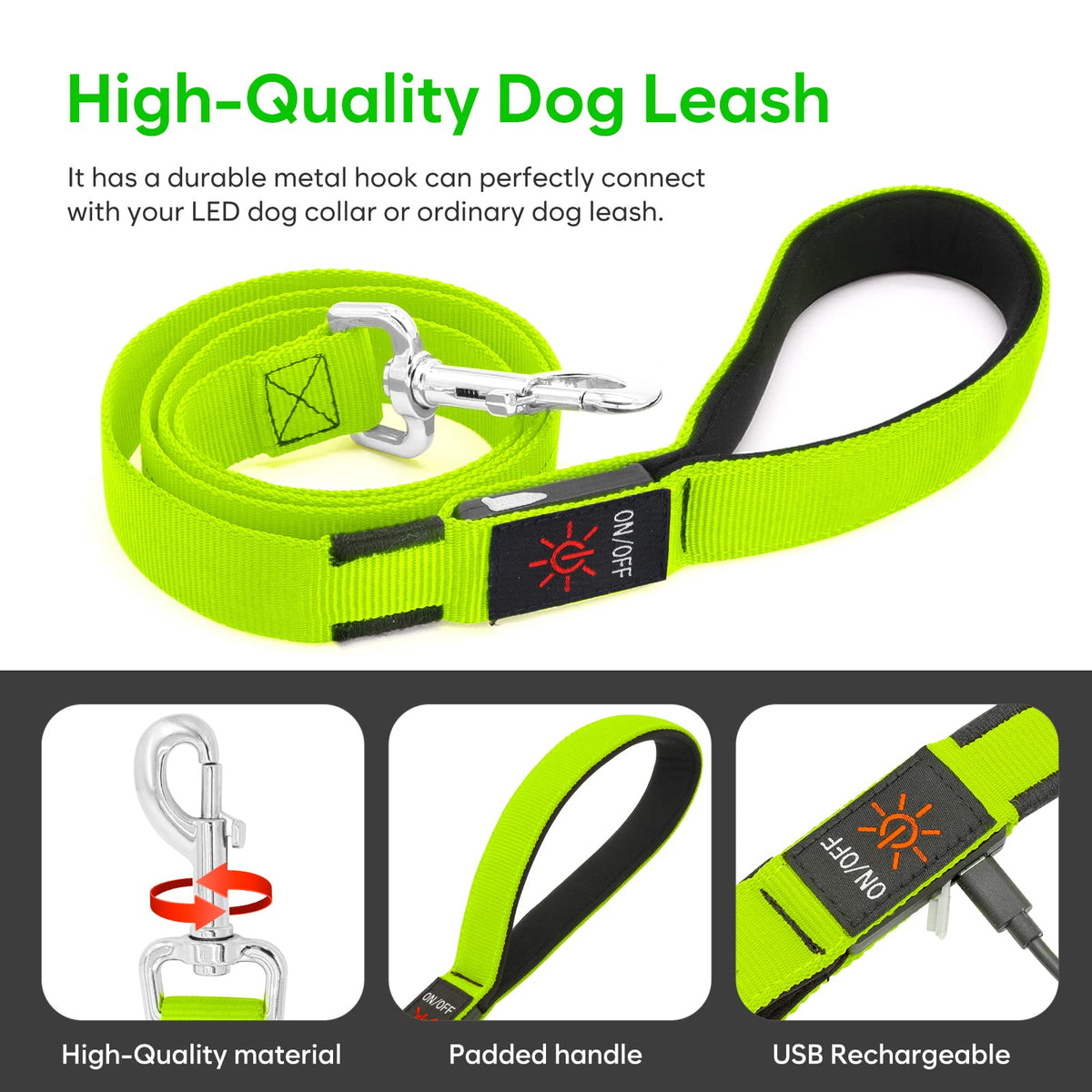 LED Light Up Dog Leash 3 Lighting Modes USB Rechargeable (Green-KX)