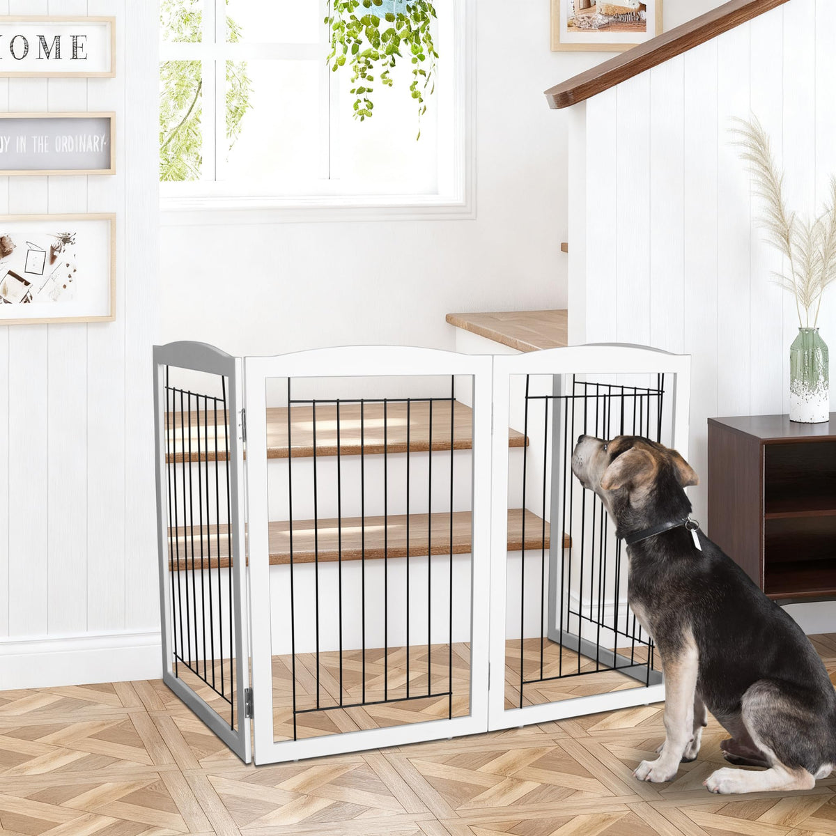 Freestanding Foldable Dog Gate for House Extra Wide Wooden White Puppy Gate Stairs Dog Gates Doorways Tall Pet Gate 3 Panels Pet Fence (White / 【3 Panels】60''w x 32''h)