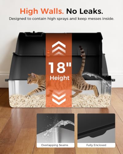 XXL Stainless Steel Cat Litter Box with Lid (Carbon Black / 23" L × 16" W × 18" H)