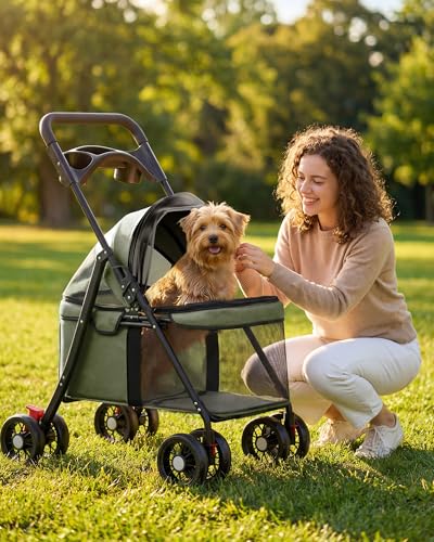 Foldable Pet Stroller for Small Dogs and Cats (Forest Green)