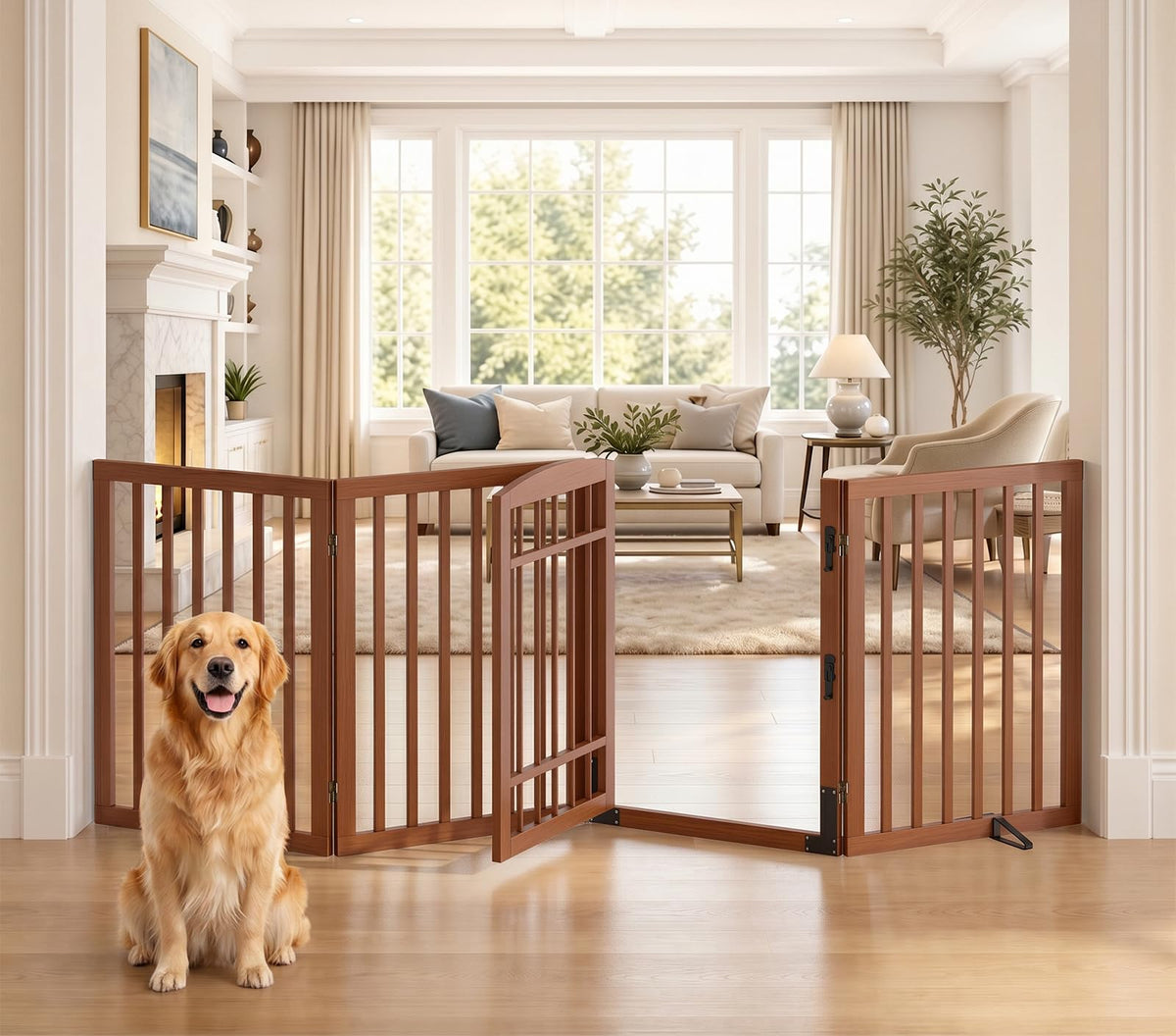 Dog Gate Indoor with Door (Walnut / 88"Wx30"H, 4-Panel)