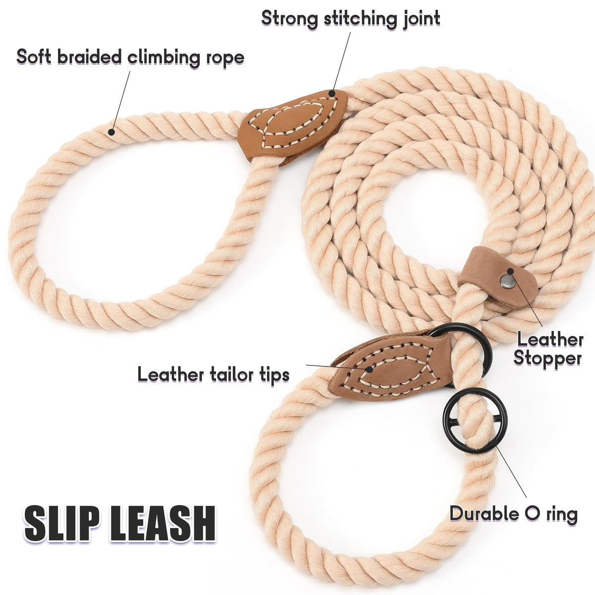Heavy Duty Slip Lead No Pull Leash w Leather (Light Brown / 5 Feet)