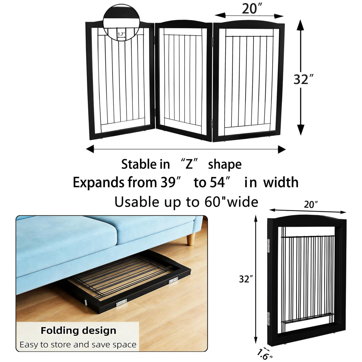 Freestanding Foldable Dog Gate for House Extra Wide Wooden Black Puppy Gate Stairs Dog Gates Doorways Tall Pet Gate 3 Panels Pet Fence (Black / 【3 Panels】60''w x 32''h)