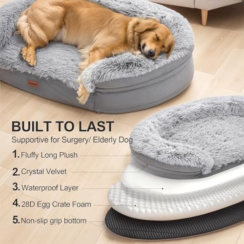 Fluffy Calming Orthopedic Dog Beds for Medium & Large Dogs (Grey / 41.0"Lx32.6"Wx7.6"H)