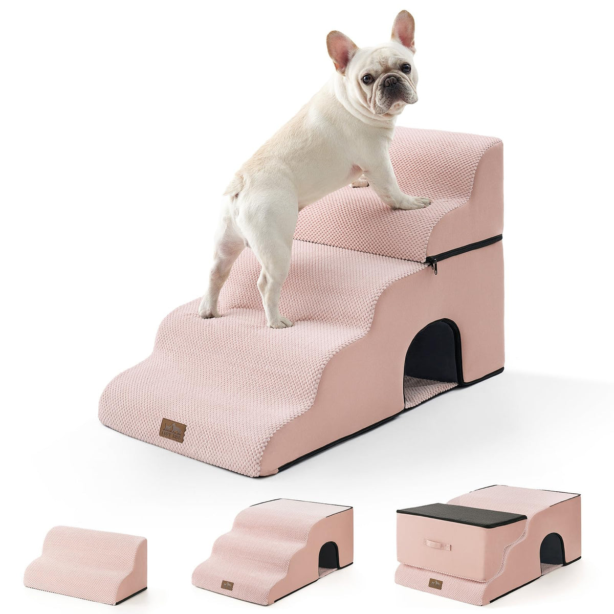Extra Wide Small Dog Stairs with Tunnel (Pink / Detachable 19.7" x 33" x 22.4")