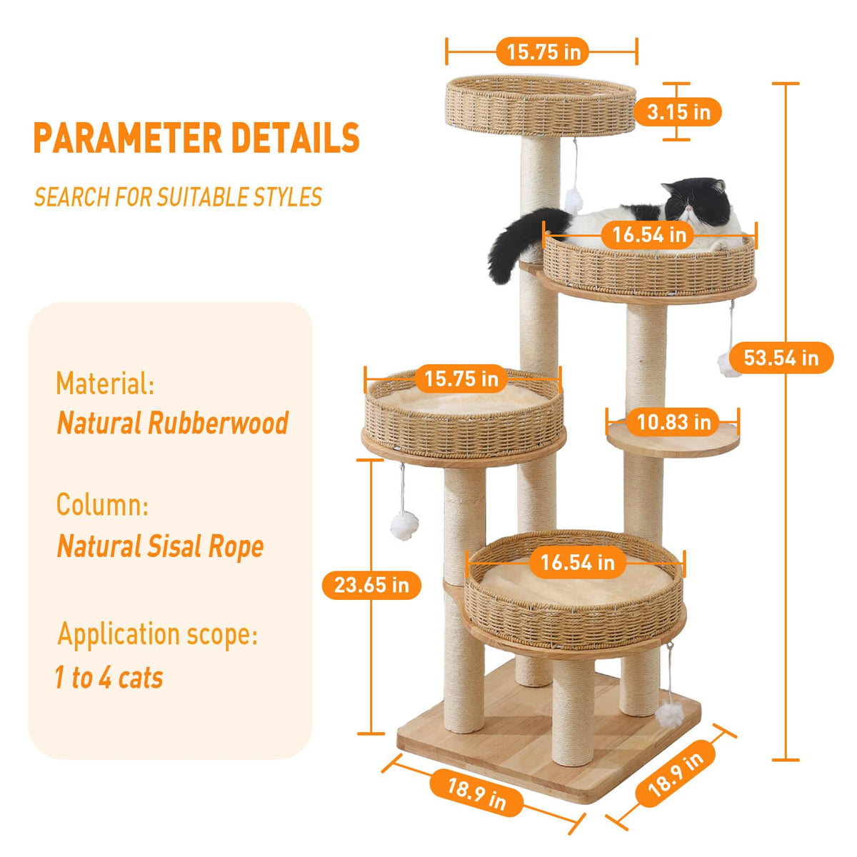 54in Solid Wood Cat Tree for Indoor Cats