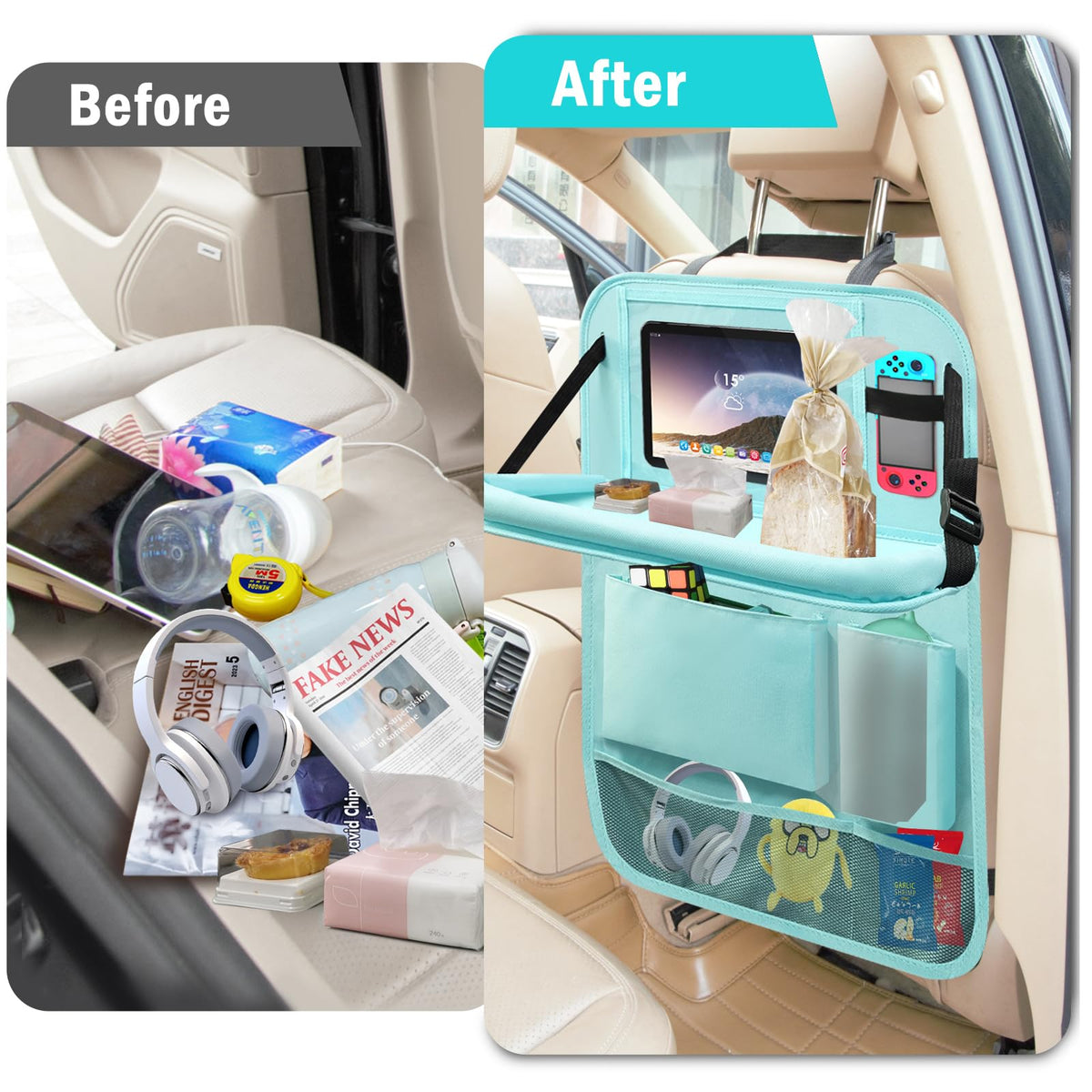 2 Pack Car Backseat Organizer with Foldable Table Tray Blue (Blue / 2 Pack with Food Tray)