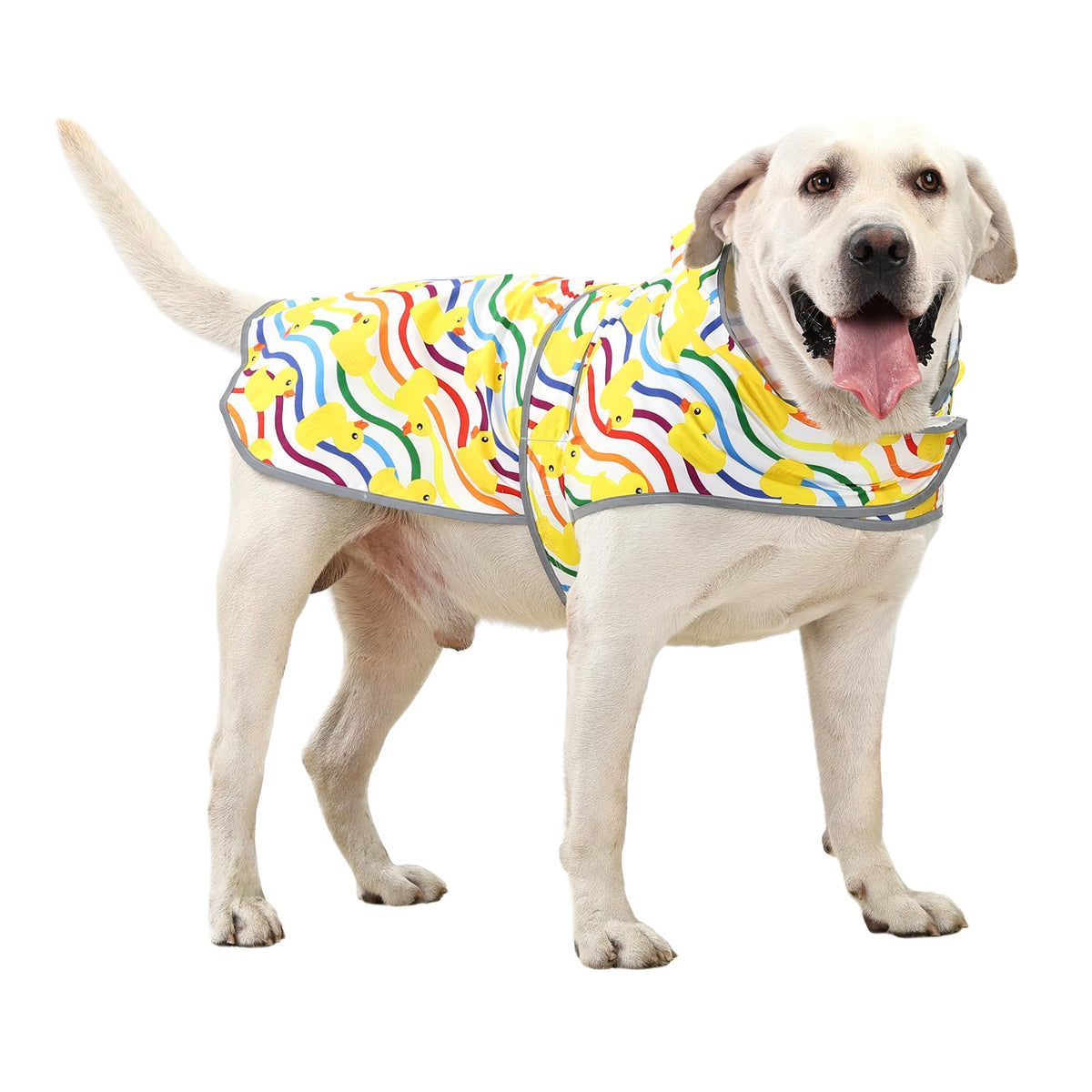 Dog Raincoat for Large Dogs Waterproof Jacket Hooded Rain Coats with Reflective Strips Leash Hole & Poncho Adjustable Fit (Rainbow Ducks / X-Large)