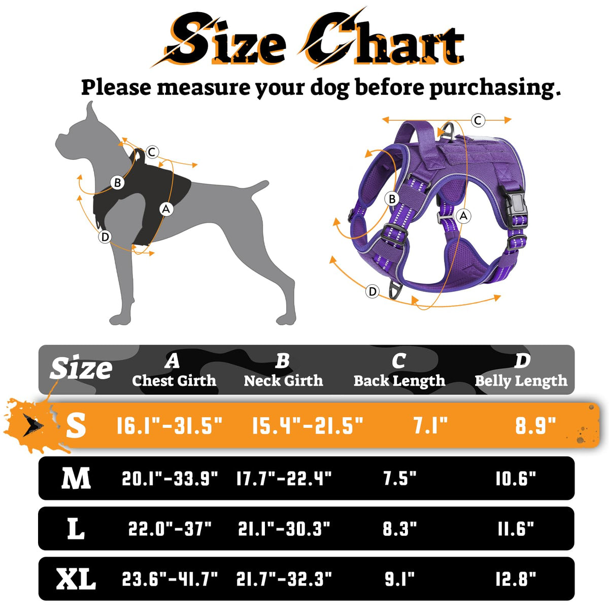 Tactical Dog Harness for Small Dogs (S(Chest:16.1"-31.5",Neck:15.4"-21.6",Back:7.1") / Purple)