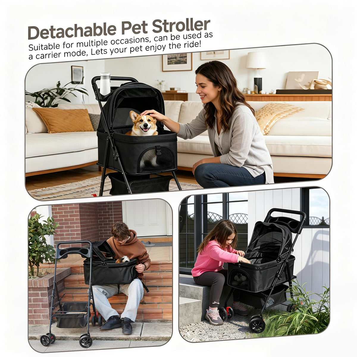 Pet Stroller for Small Dogs and Cats with 4 Wheels (Black)