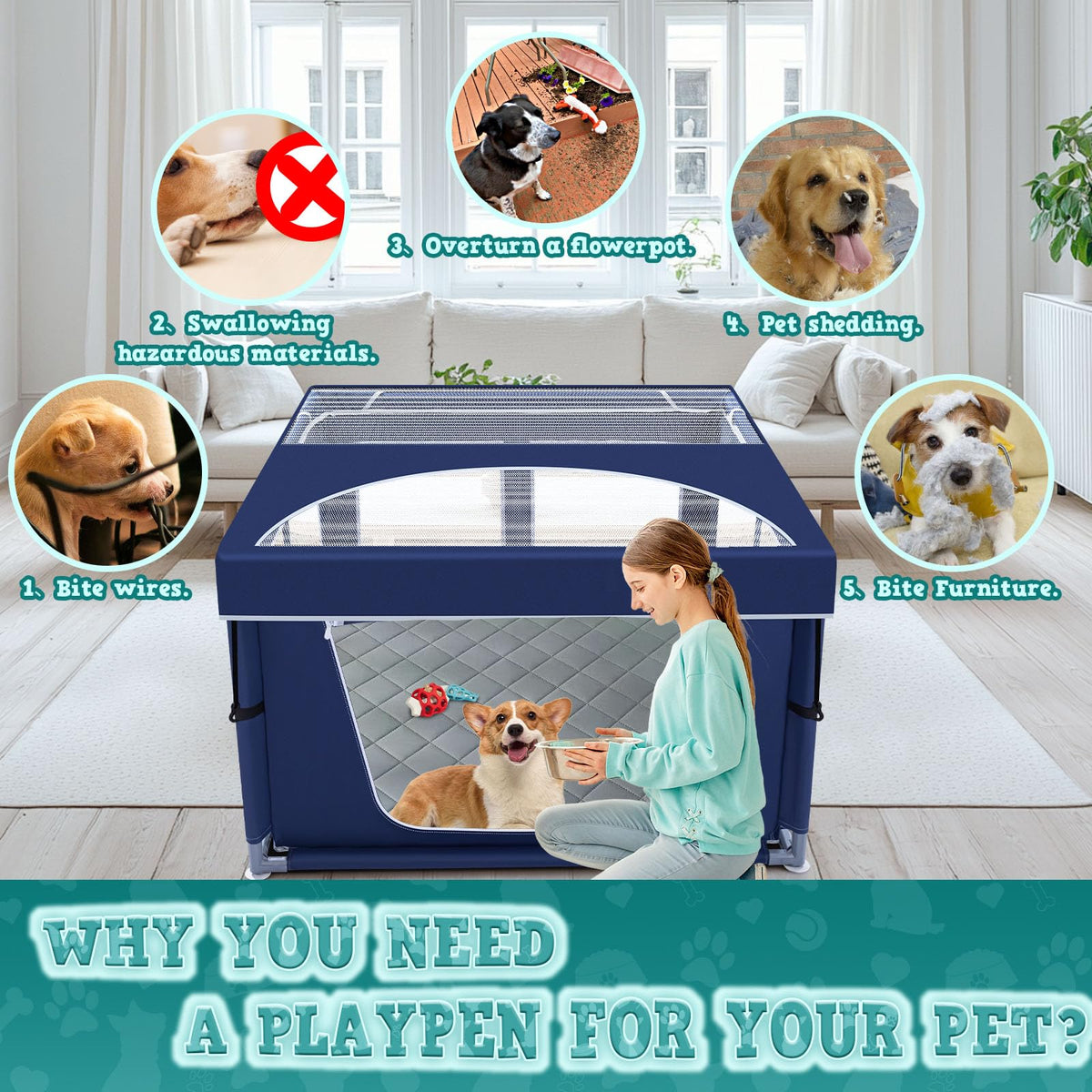 42x42 Inches Puppy Playpen with Cover&Dog Pads (Blue / 42x42 IN With Cover&Pad)