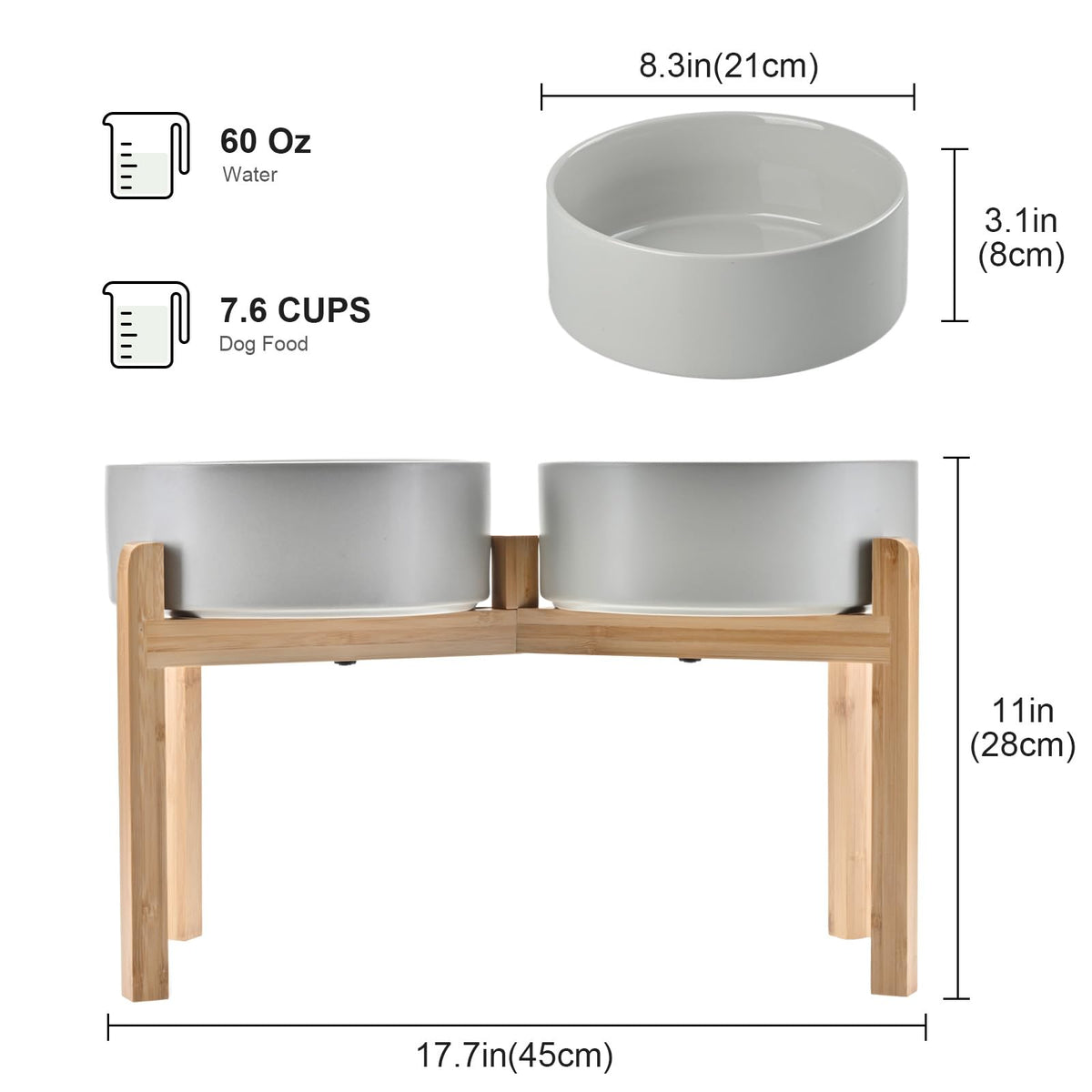 Elevated Dog Bowls Ceramic (8.3 in - 7.6 cups / Grey)
