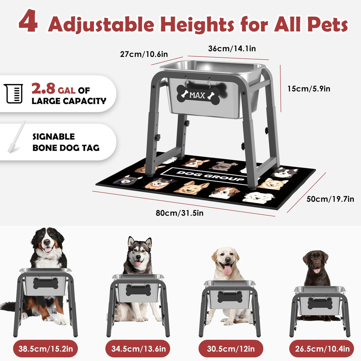 2.8 Gallon Elevated Dog Water Bowl (Grey-2.8 GAL / Height: 10.4-15.2")