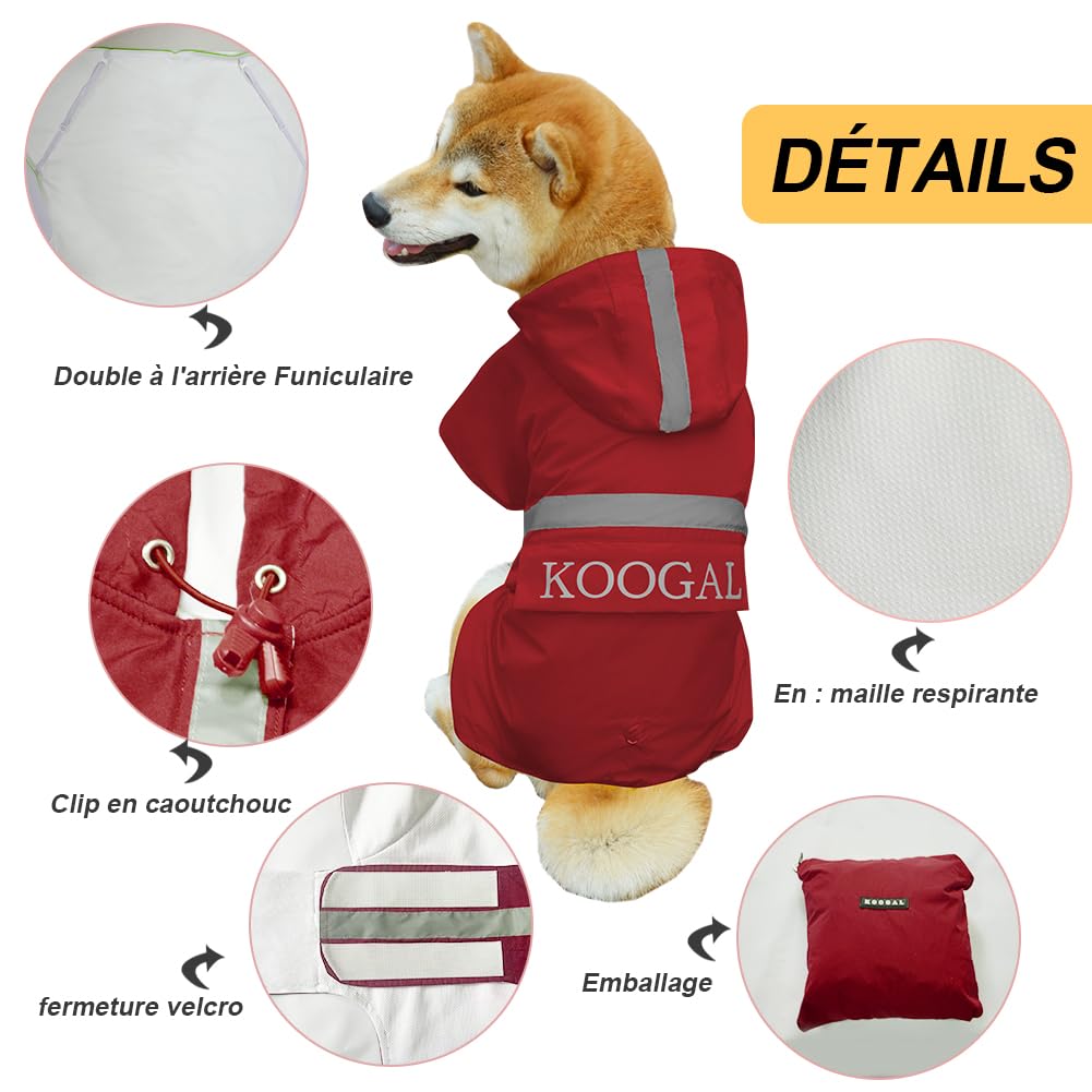 Dog Raincoat Waterproof Hooded (Red / 3XL-Fit for 33 to 44 pounds)